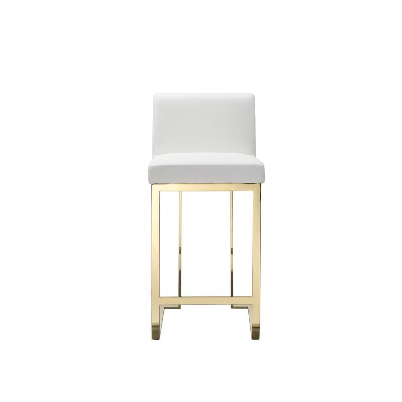 Boly 26 Inch Counter Stool, Cushioned White Faux Leather, Gold Cantilever