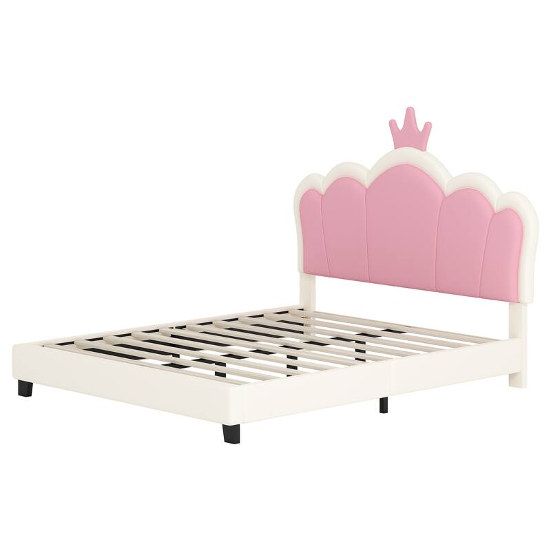 Cute Girl Princess Bed with Crown Headboard, PU Upholstered Platform Bed, Wood Panel Bed Low Profile Bed