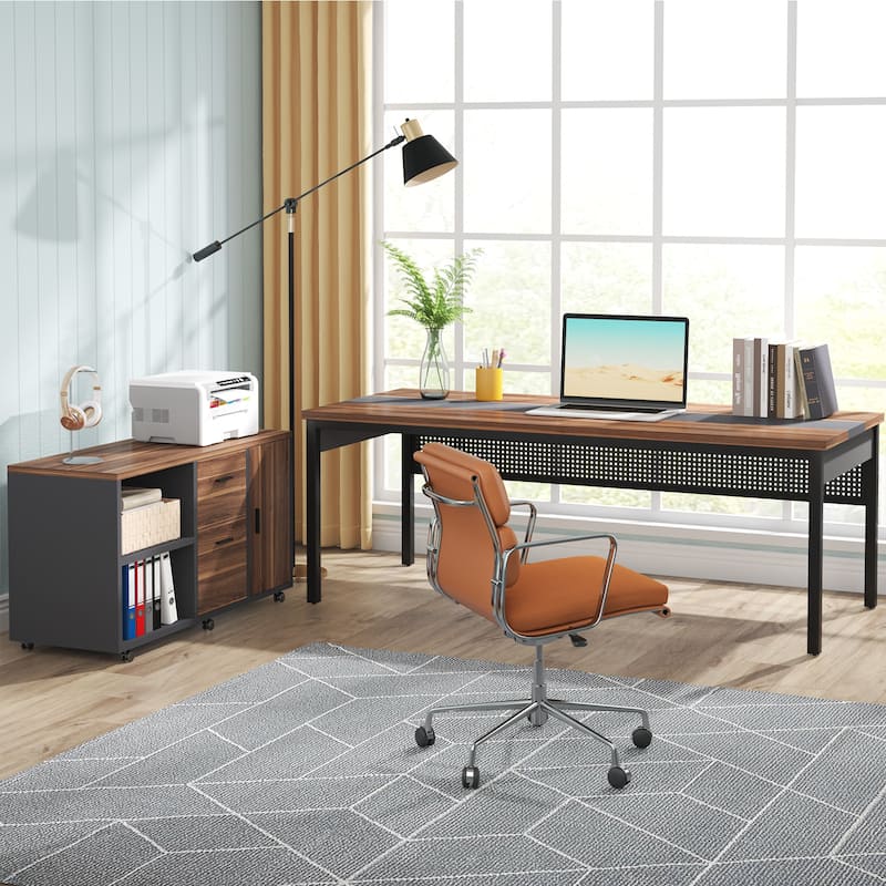 71 Inch Executive Desk with Mobile File Cabinet, L-Shaped Desk with Drawers & Shelves, Large Computer Desk for Home Office