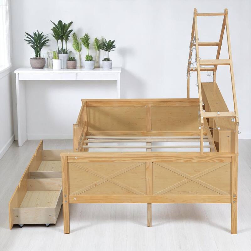 Full House Platform Bed Frame with LED, 2 Drawers, Shelves, Pine Wood & MDF Construction