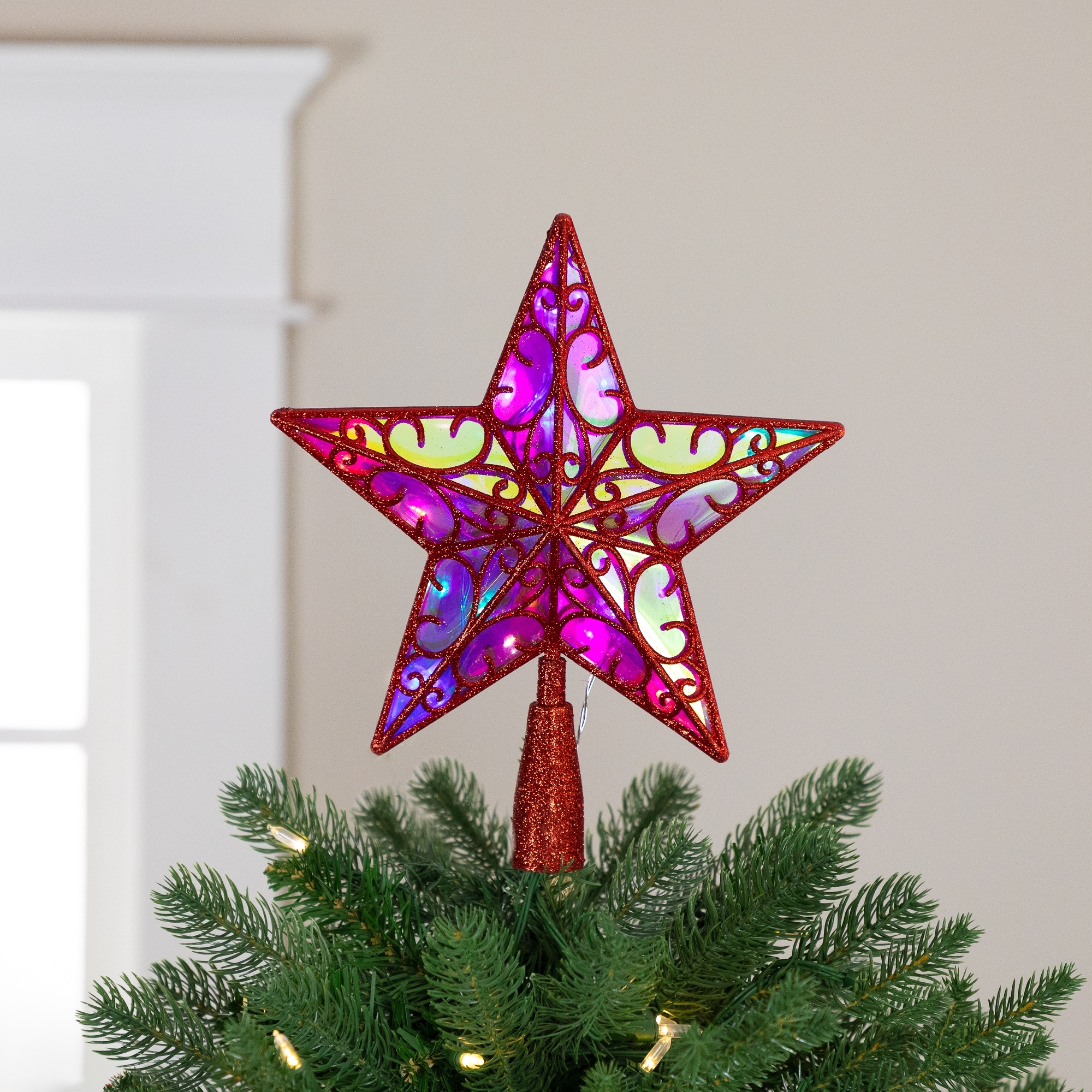 LED Star Glittered Christmas Tree Topper 11" Red Multicolor Lights