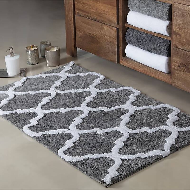 Grey 2 Piece Trellis Plush Soft Cozy 100% Cotton Bath Mat Set - Grey