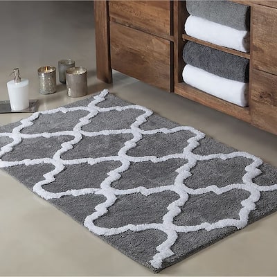 Grey 2 Piece Trellis Plush Soft Cozy 100% Cotton Bath Mat Set