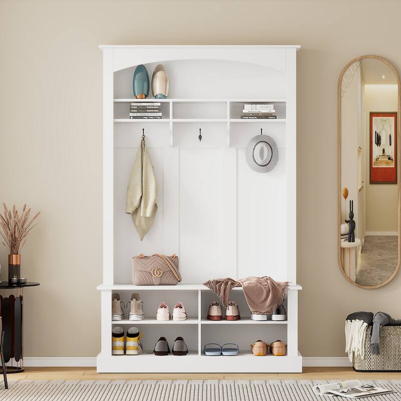 47.2'' Wide Hall Tree with Bench and Shoe Storage - White