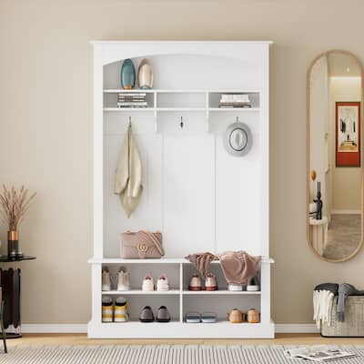 Hall Tree with Bench and Shoe Storage, Wooden Storage Bench with 3 Hanging Hooks, Mudroom Organizer with Shelves