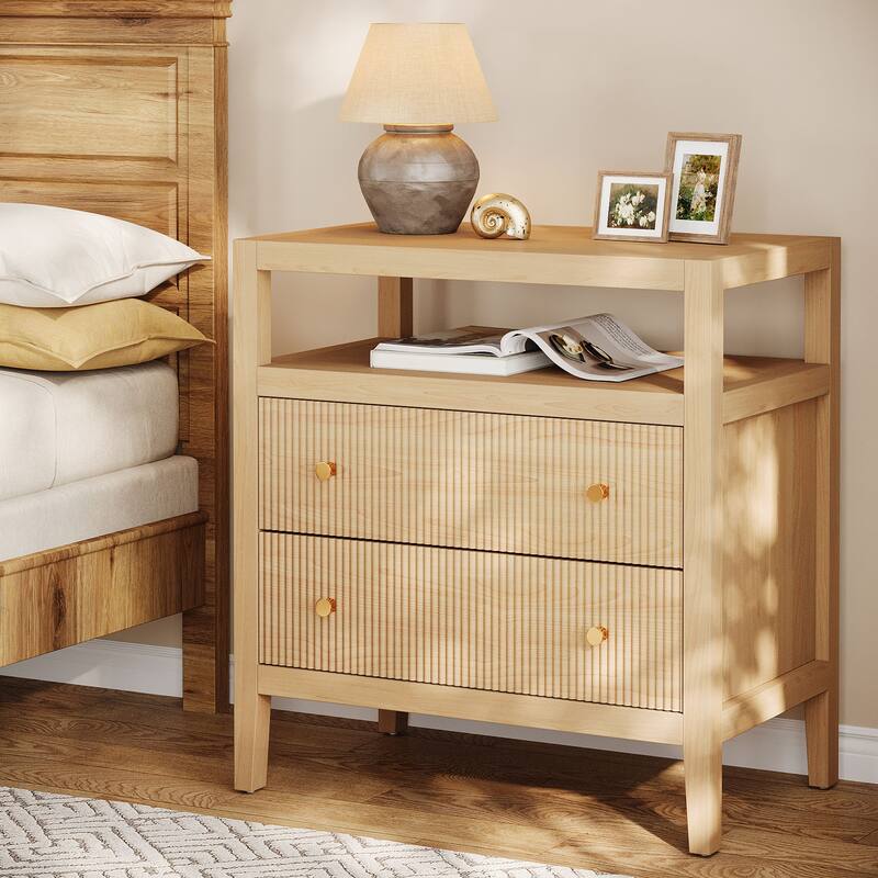 2-Drawer Farmhouse Nightstand, Nightstand with Open Storage Shelf