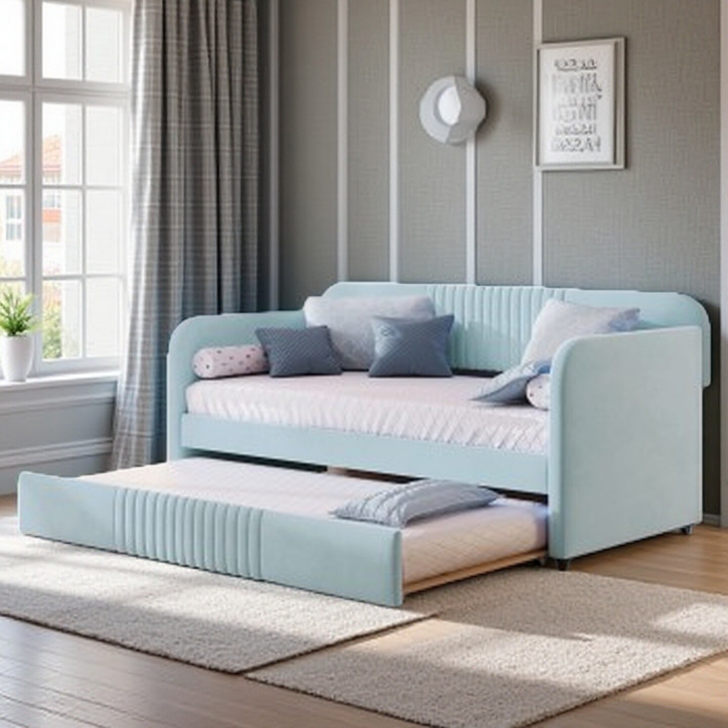 Twin Size Daybed with Trundle and Wood Slat Support, Upholstered Velvet Sofa Bed with Cozy Backrest and Armrests