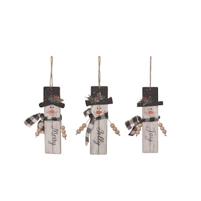 Transpac Wood Checker Snowman Ornament Set of 3 Christmas Home Decorations