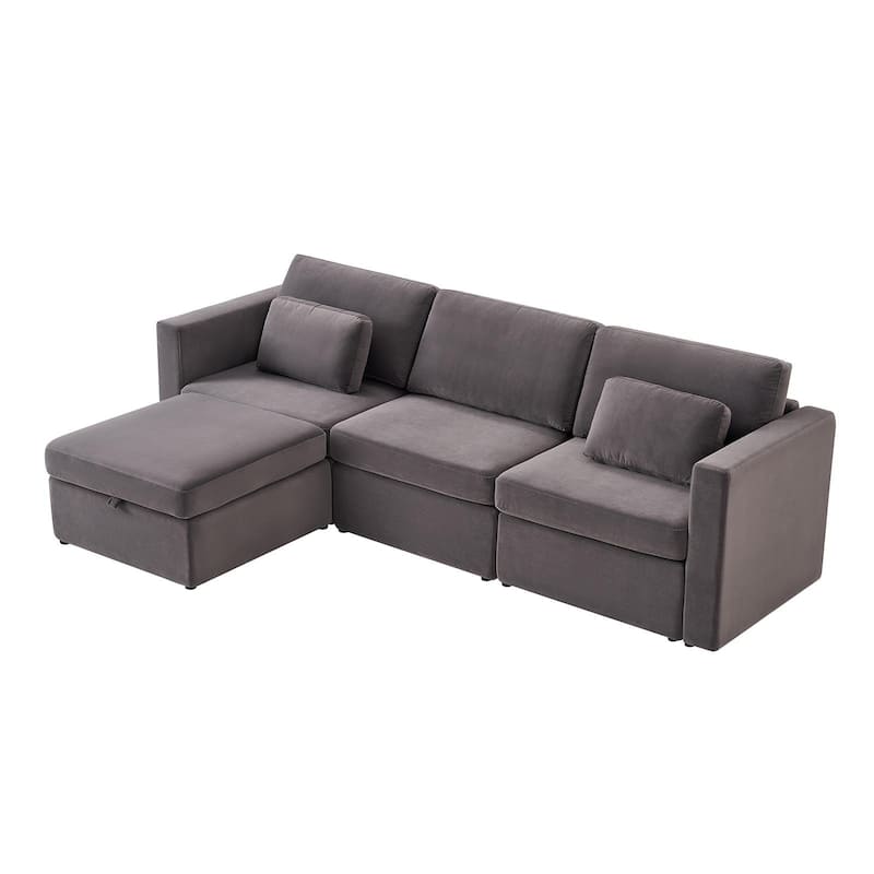 Modern Cotton Linen L-Shape Sectional Sofa, Oversized Upholstery Sectional Sofa, Chaise Couch with Storage Ottomans for Living R