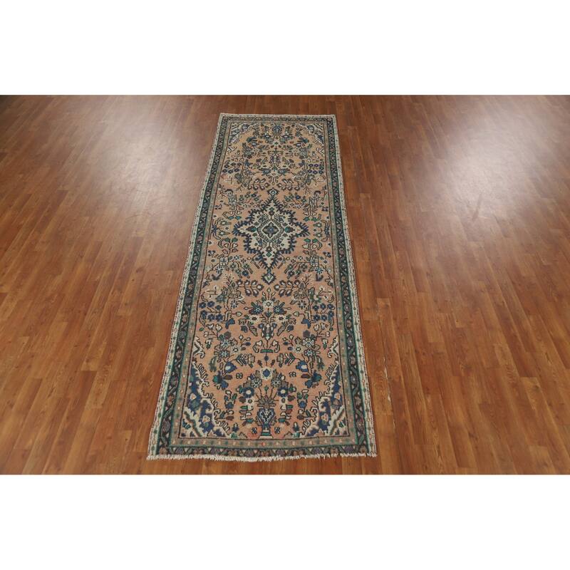 Hand Knotted Oriental 100% Wool Carpet Traditional Geometric Peach Hamedan Runner Rug - 10' 2'' X 3' 4''
