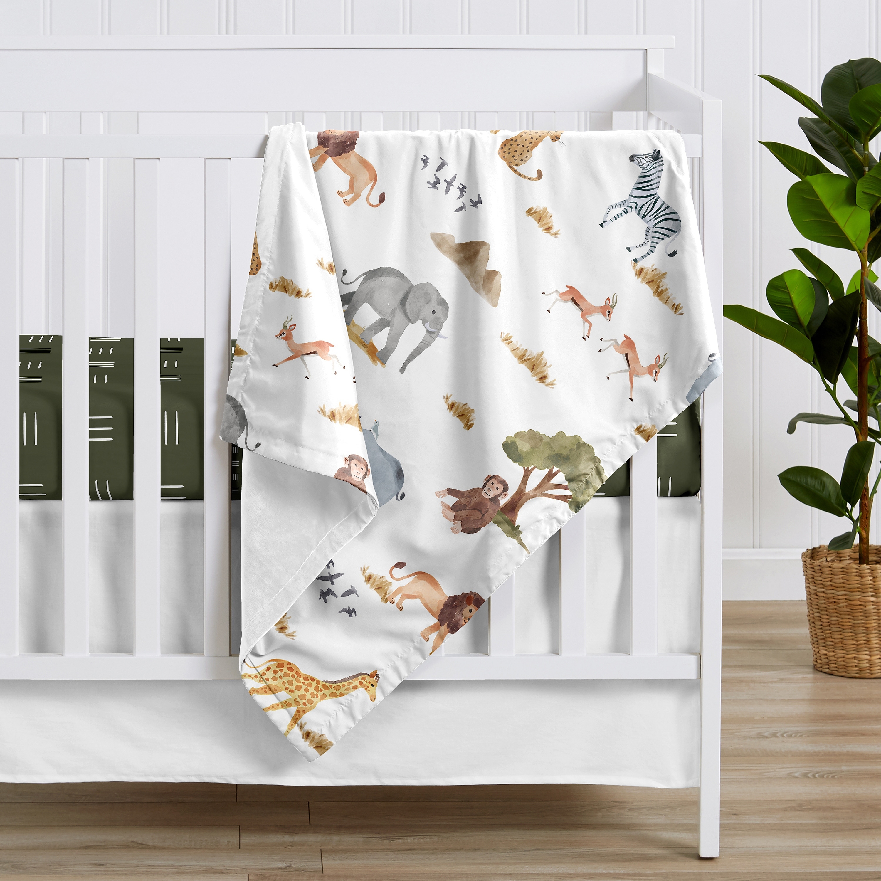 Sweet Jojo Designs Jungle Animals Blanket Receiving Security Swaddle Newborn Toddler Nursery Soft Minky Hunter Green Yellow Grey Black White Wildlife