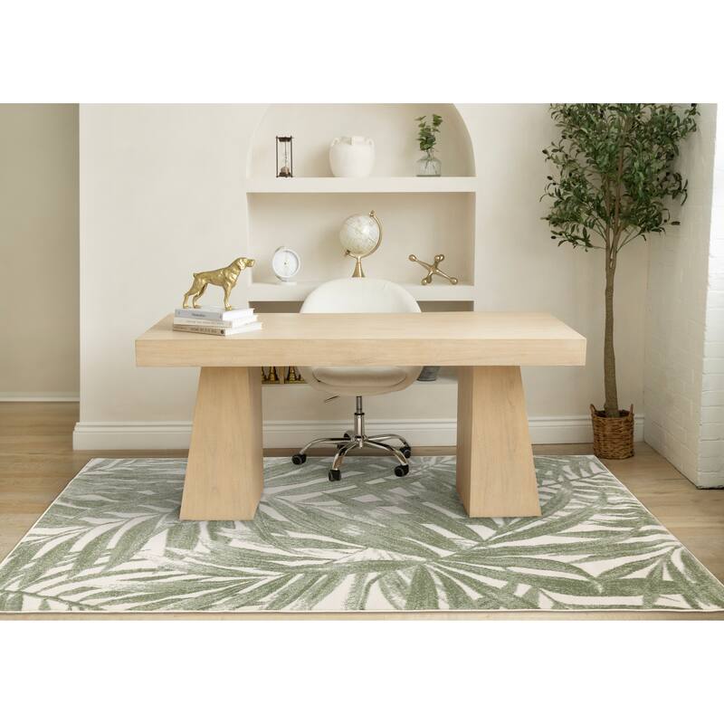 Green White Palm Branch Design Living Room Rug