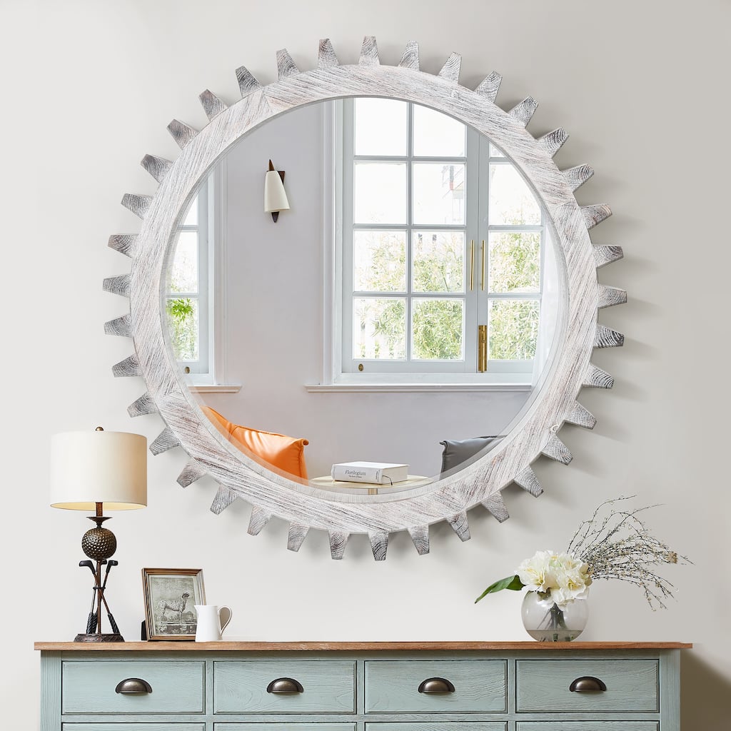17"/26"/34"/42" Vintage Wood Round Hanging Gear Shape Heavy Decorative Mirror