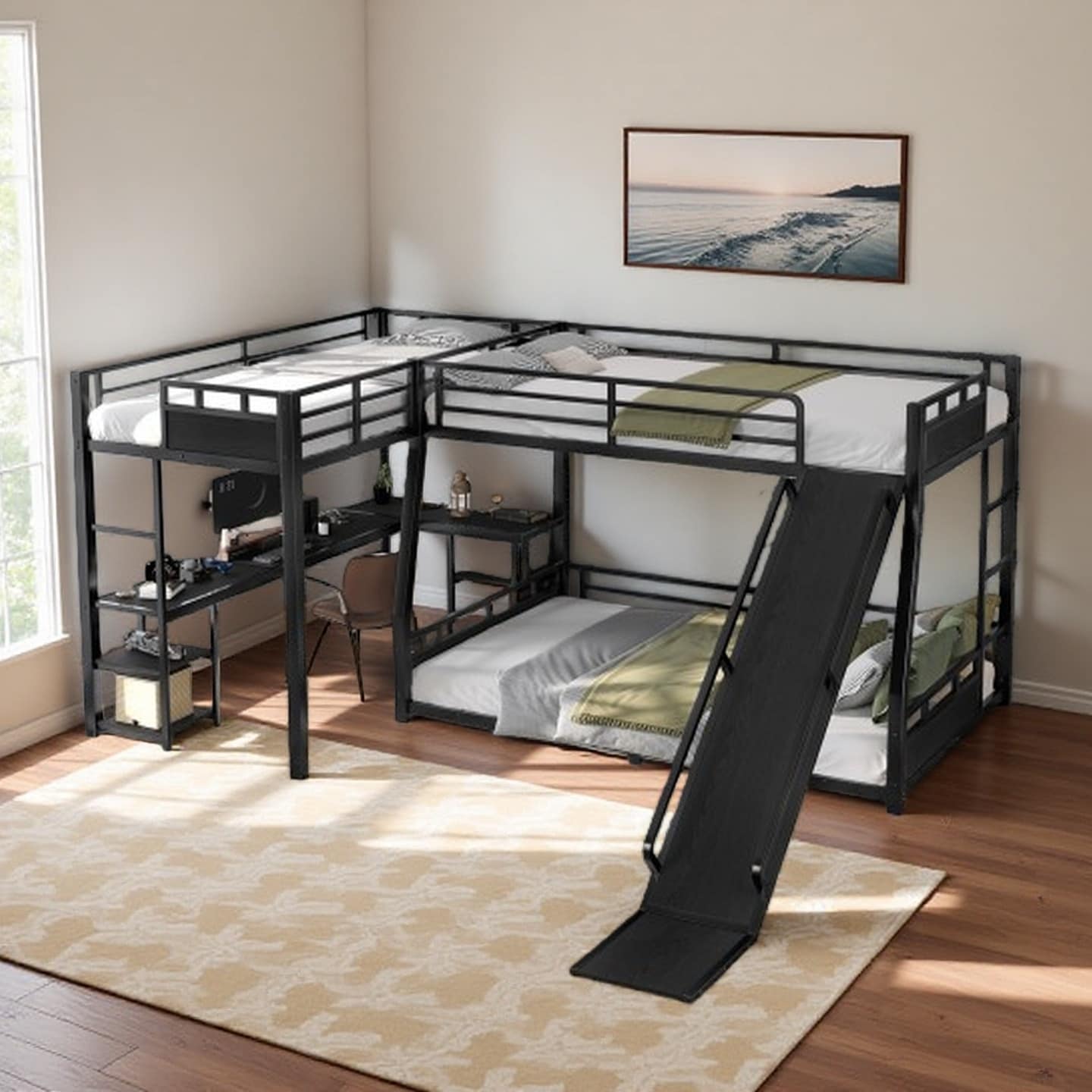 Metal Triple Bunk Bed with Full Upper Beds and Queen Lower Bed, Twin XL Loft, L-Shaped Desk, Storage Shelves, Slide