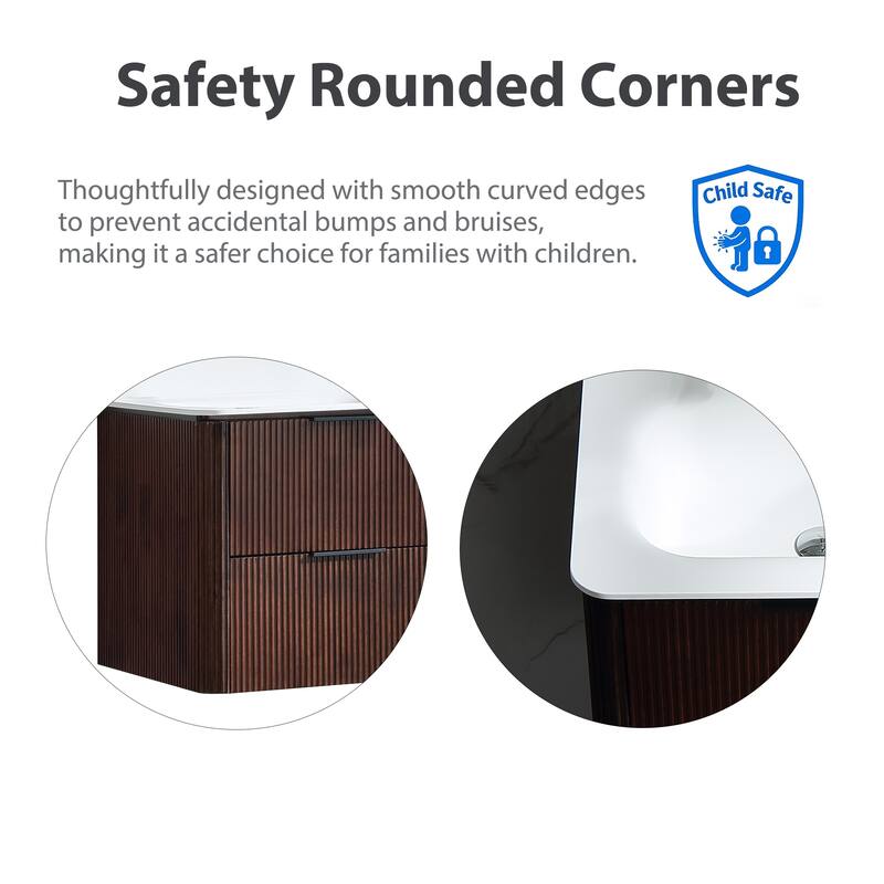 Modland Fluted Floating Vanity with Sink, Plywood Wall Mount Cabinet, Curved Edge, 24/30/36 Inch