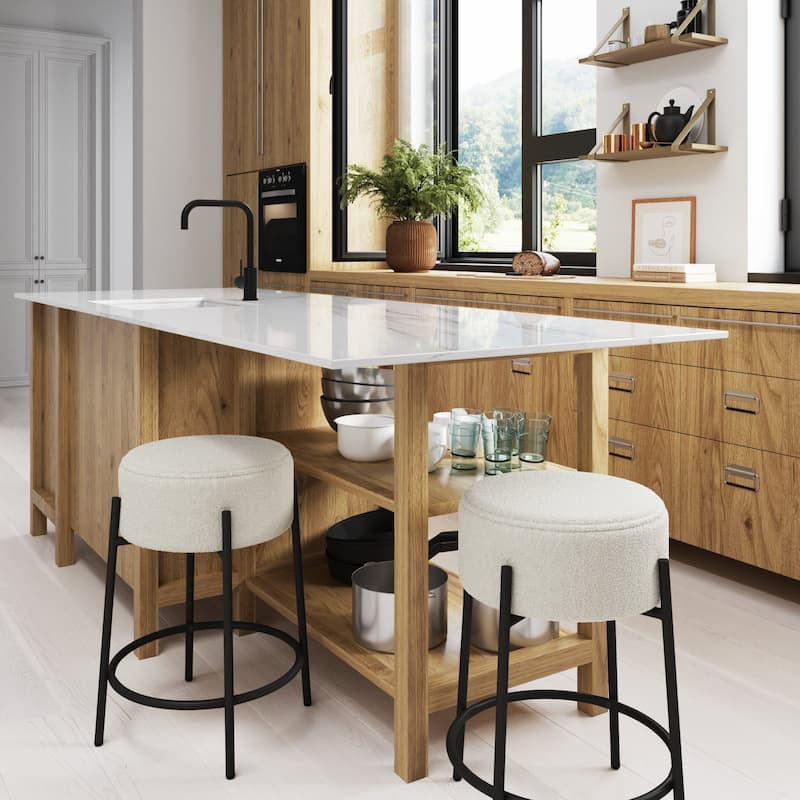 Isaac Modern Backless Metal Round Bar Stool with Boucle Padded Seat and Metal Base