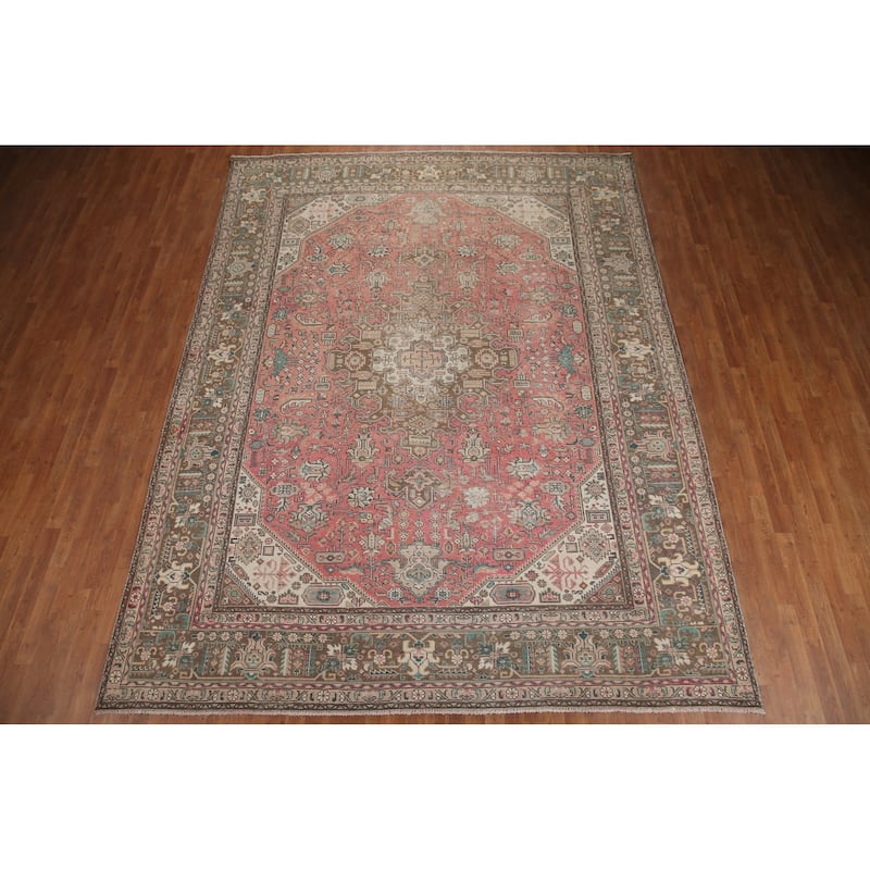 Hand Knotted Oriental 100% Wool Carpet Traditional Medallion Pink Tabriz Area Rug - 12' 4'' X 9' 5''