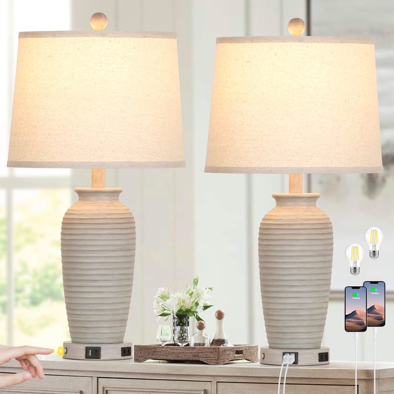 25'' Grey Modern Table Lamp with Dual USB Charging Ports 3000K Dimmable LED(Set of 2) - 12.5‘’ x 12.5'' x 25''