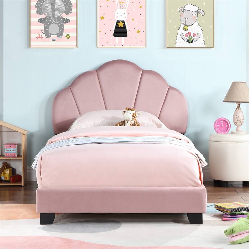 Upholstered Twin Size Platform Bed for Kids,with Slatted Bed Base - Pink