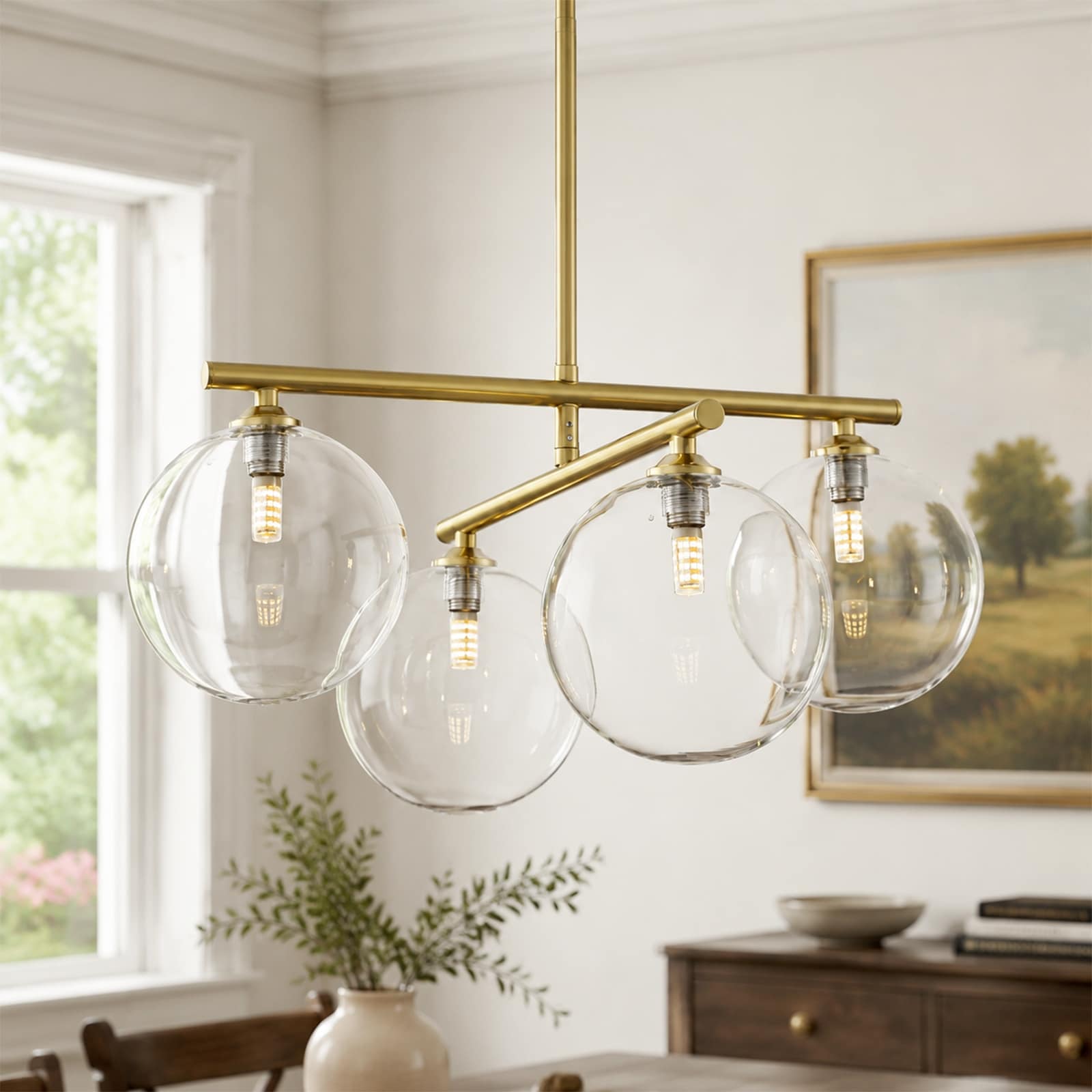 18.9" Mid-Century Modern Electroplated Brass Cross Linear Design Adjustable 4-Light Chandelier with Clear Glass Globe