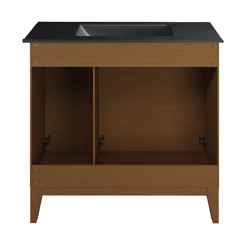 Cascade 36 In. Brown Oak Bathroom Vanity With Black Ceramic Sink Top