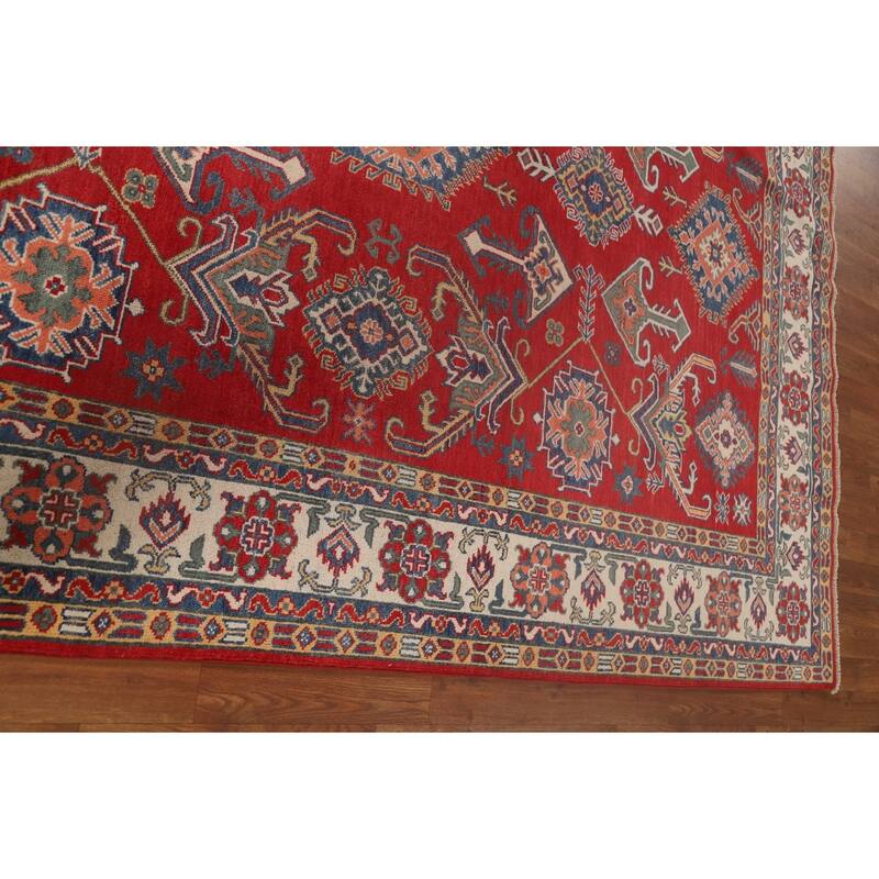 Geometric Red Kazak Rug Hand-Knotted Bedroom Wool Carpet - 6'6"x 9'2"