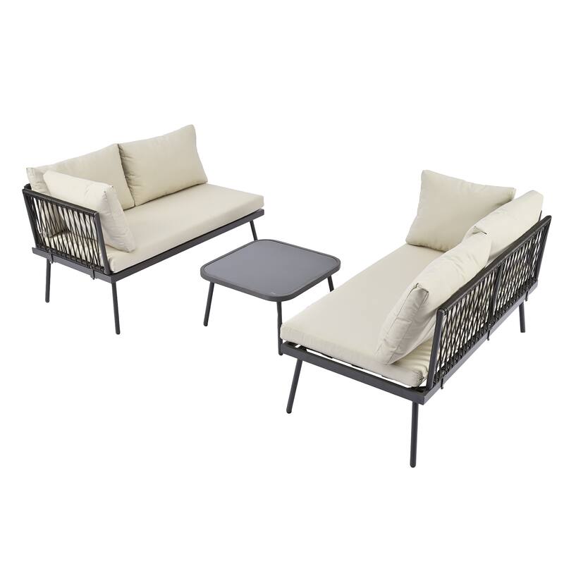 Modern Outdoor 3-Piece PE Rattan Sectional Sofa Set with Cushions and Glass Table