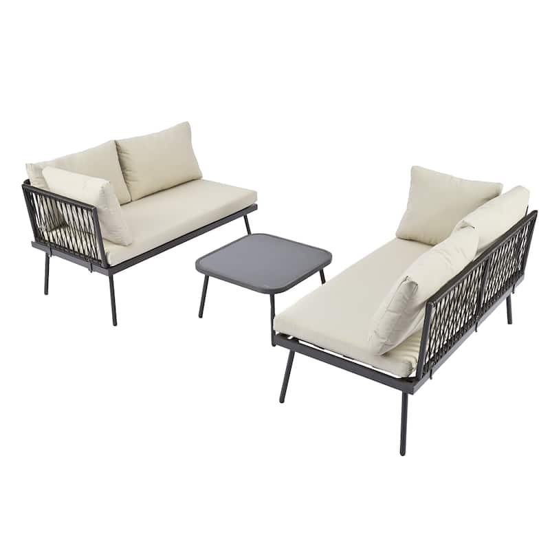 Modern Outdoor 3-Piece PE Rattan Sectional Sofa Set with Cushions and Glass Table