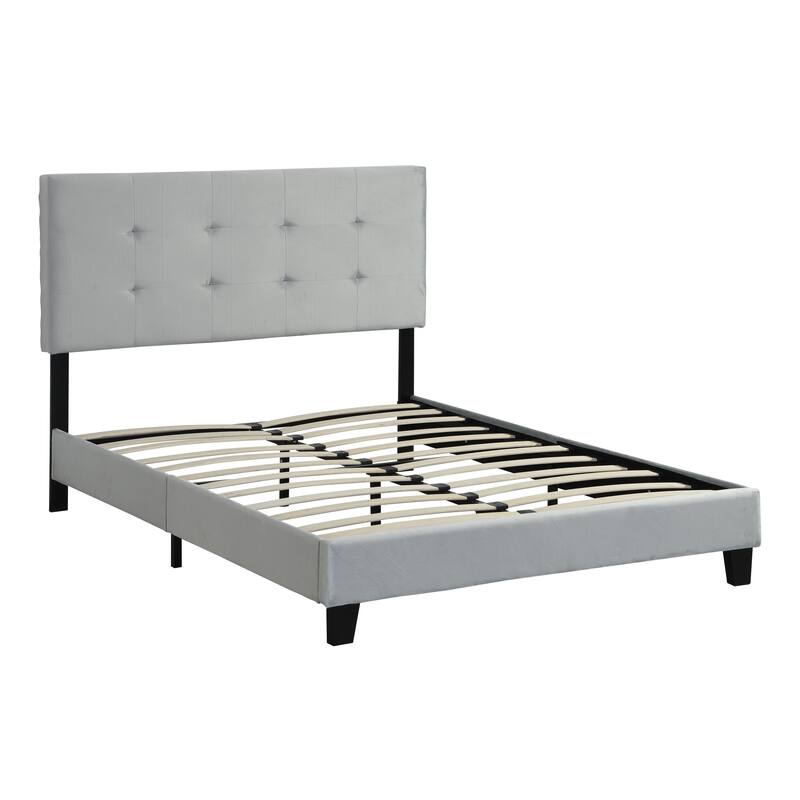 Queen Size Upholstered Bed with Tufted Headboard and Strong Wood Support