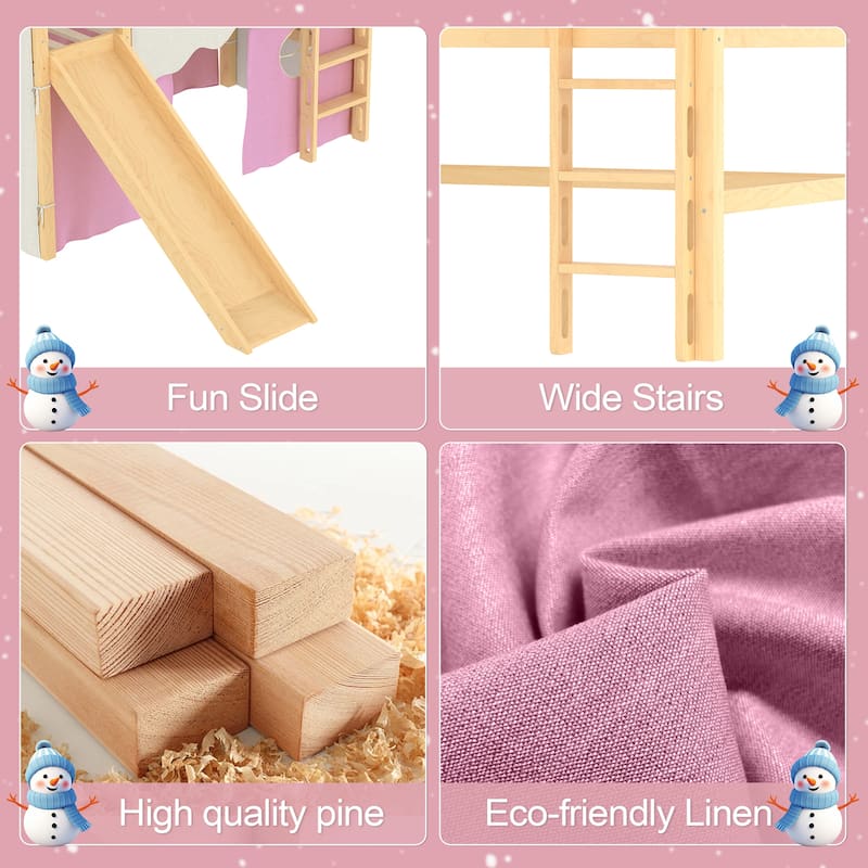 House Loft Bed with Slide & Tent, Solid Wood Kids Bed w/ Ladder, Guardrails, Playhouse Design, No Box Spring Needed