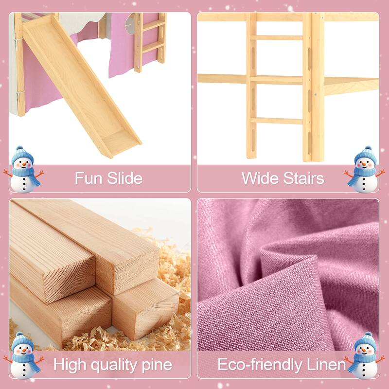 Roomfitters House Loft Bed with Slide and Tent, Solid Wood Frame with Lights