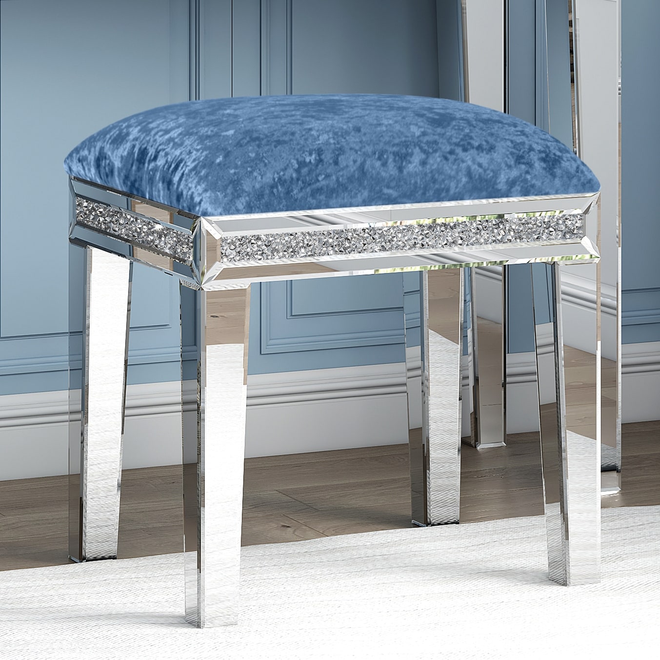 grey mirrored dressing table Mirror Diamond Vanity Stool with Velvet Upholstered Seat Silver grey