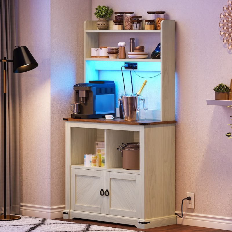 Moasis 61" Tall Bakers Rack Cabinet Microwave Stand with AC Outlets and USB Ports LED Lights - Beige