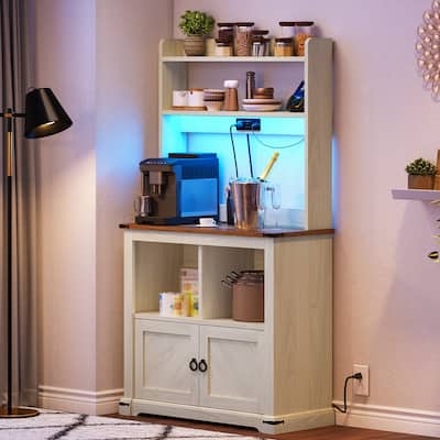 Moasis 61" Tall Bakers Rack Cabinet Microwave Stand with AC Outlets and USB Ports LED Lights