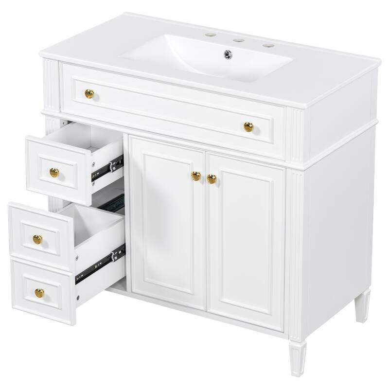 Roomfitters 36" Bathroom Vanity with Sink, Solid Wood Frame, Flip-Out Drawer, 3 Drawers & Soft-Close Doors
