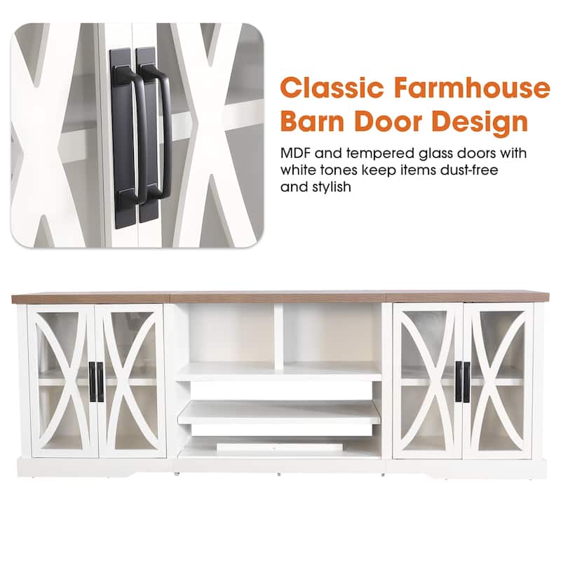 93" Farmhouse White Barn Door Storage Cabinets Console TV Stand for TVs Up to 100" with Adjustable Shelves