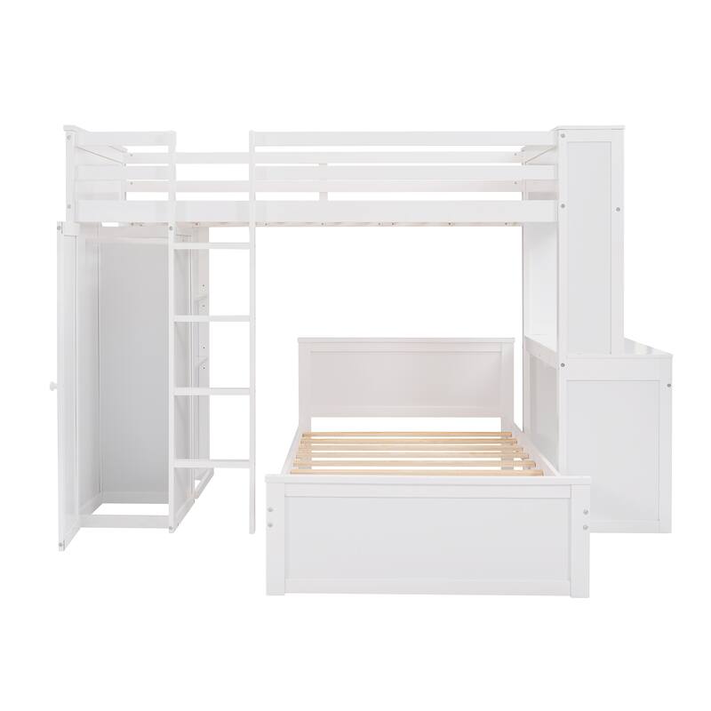 Space-Saving Twin Loft Bed with Desk, Shelves, Wardrobe, and Additional Bed