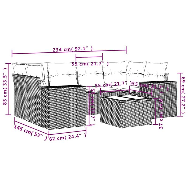 vidaXL 7 Piece Patio Sofa Set with Cushions Black Poly Rattan - 24.4" x 24.4" x 27.2"