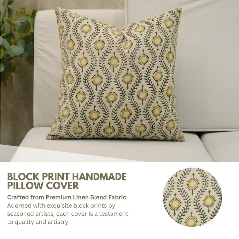 Fabdivine Handmade Floral or Weave Yellow Pillow Cover in Soft Linen for Block Print Room Boho Spring Home Décor, Lehar
