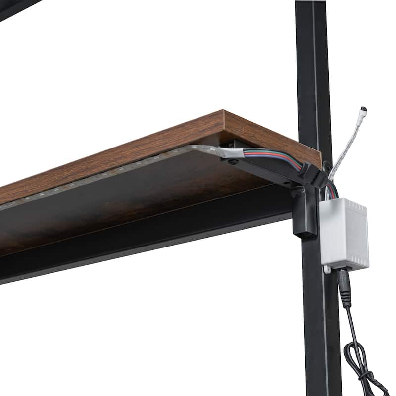 Metal Loft Bed Twin Size Bed Frame with Long Desk and Several Storage Shelves Under the Bed, Controllable LED & Charging Station