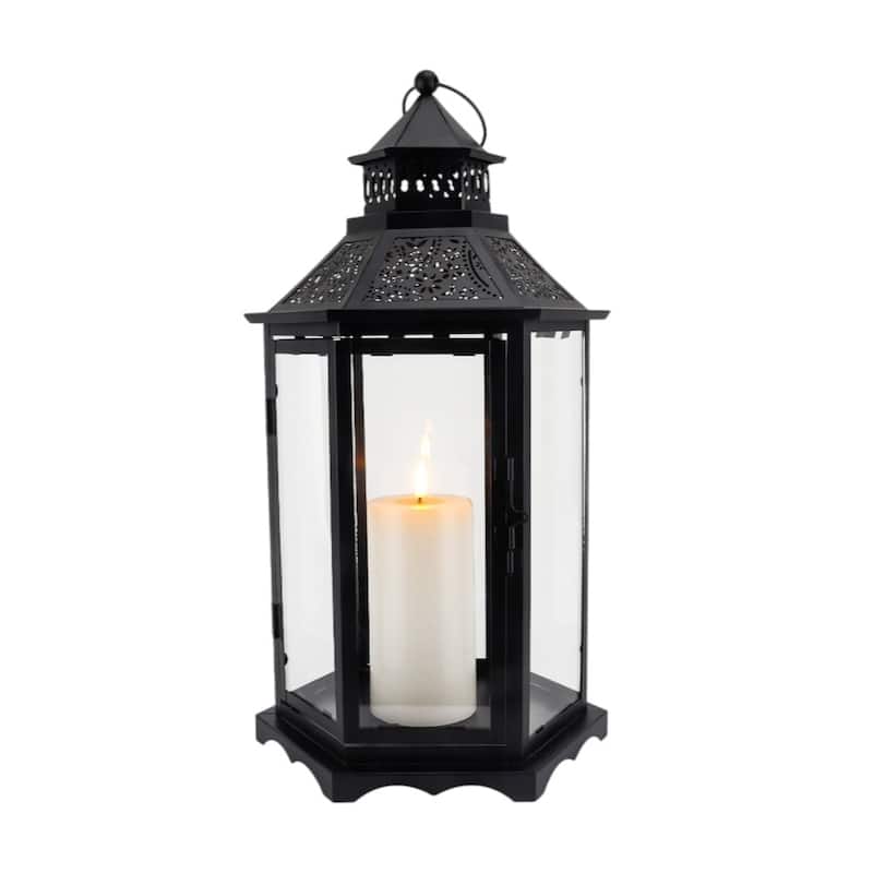 Set of Three Clear And Black Glass And Metal Floor Lantern Candle Holders