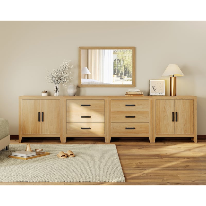 WAMPAT Extra Wide 126" Modern Farmhouse TV Stand，Wood Media Console with 6 Drawers & 2 Double Door Cabinets