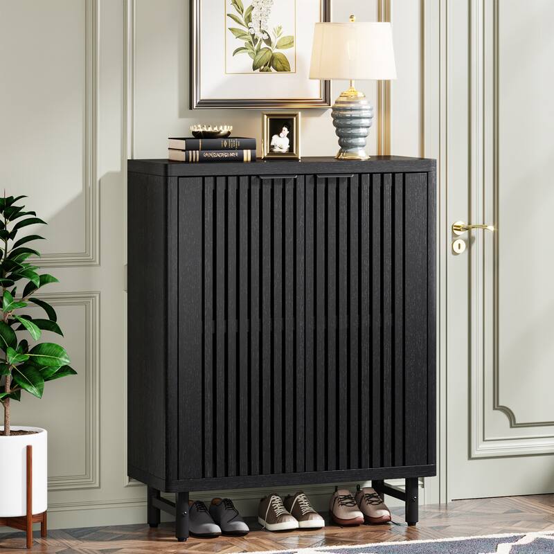 Wooden Shoe Cabinet with Shutter Doors, Adjustable Shelves Large Hidden Storage Organizer Rack for Entryway Hallway