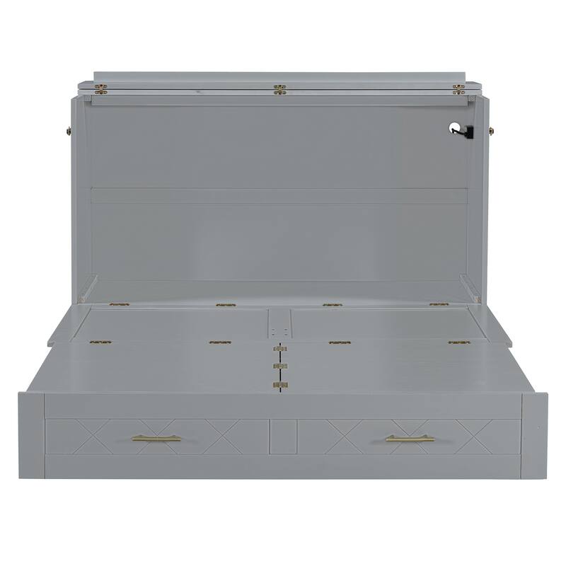 Full Size Murphy Bed Cabinet with Storage, Wooden Folding Wall Bed with Drawer and Charging Station, Hidden Cabinet Beds