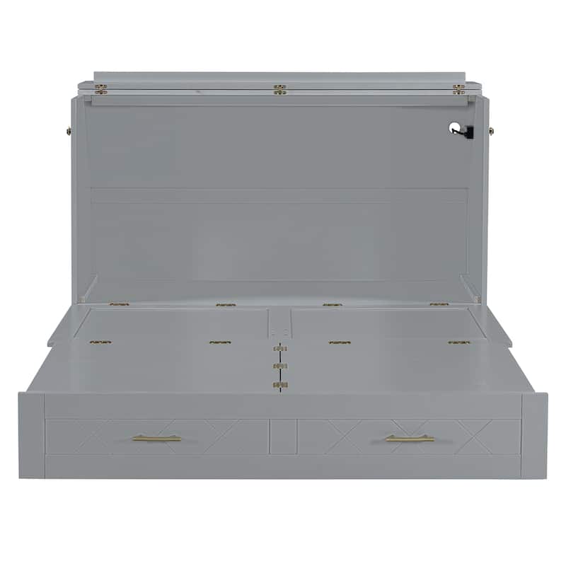 Queen Size Murphy Bed with Pulley System, Storage Drawer, USB Ports, and Sockets, Space-Saving