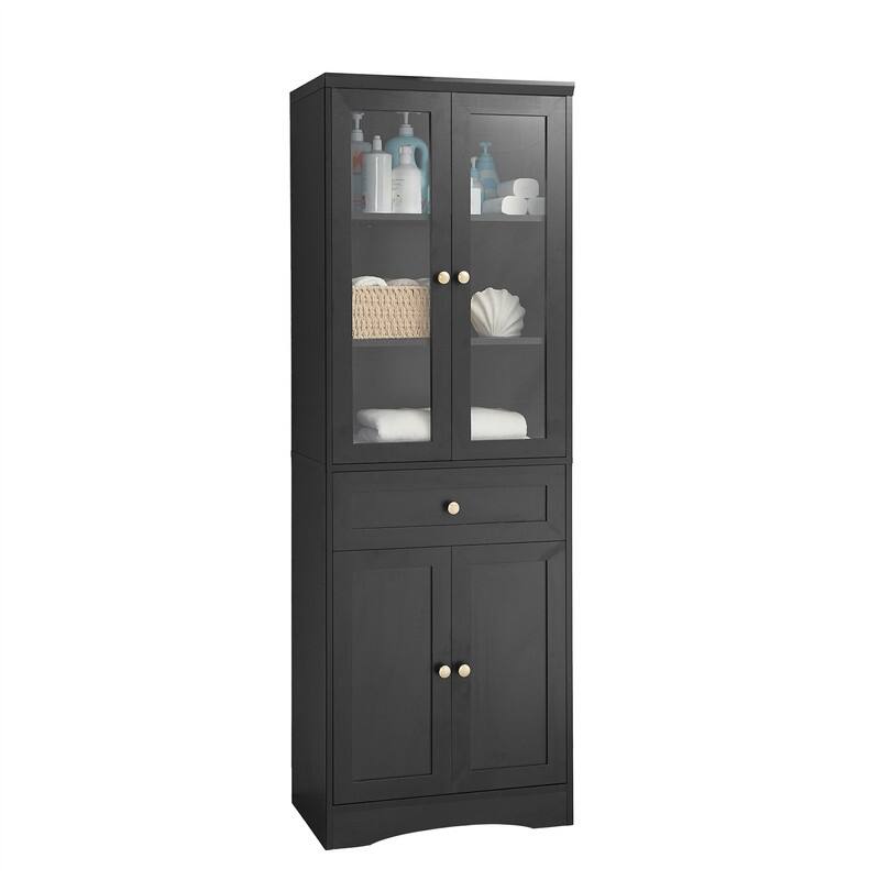 Freestanding Bathroom Storage Cabinet with 4 Doors and 1 Drawer, Tall Bathroom Floor Cabinet with Adjustable Shelf