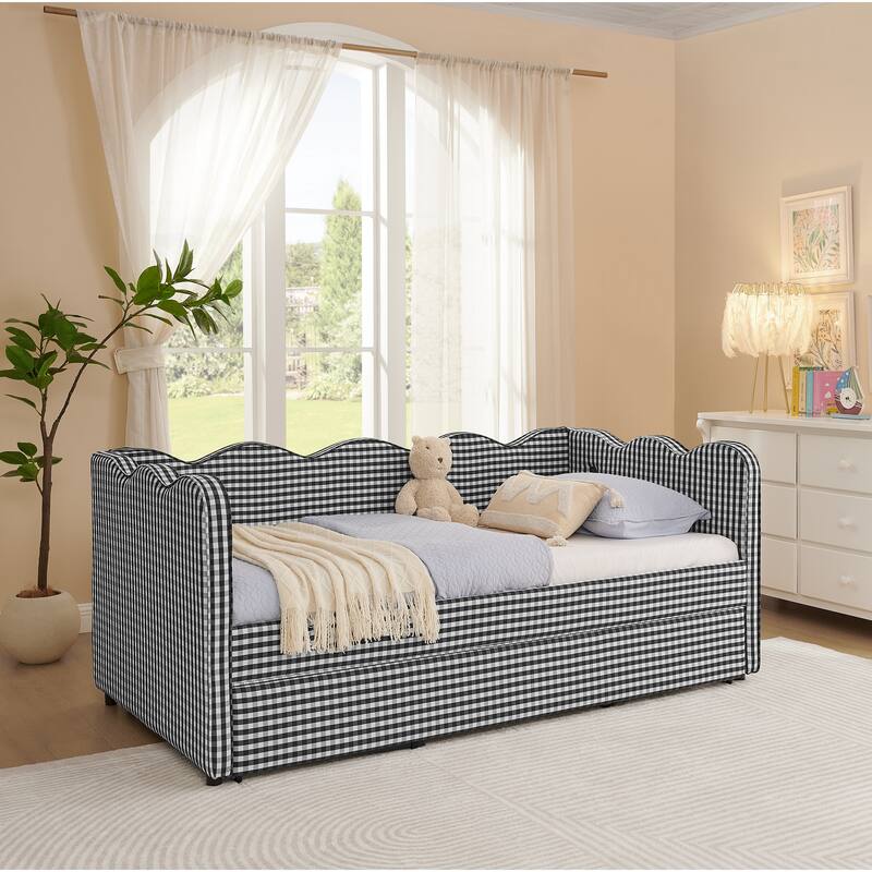 Linen Fabric Gingham Daybed with Trundle, Twin Size Sofa Bed with USB Port and Adorable Wave Shaped Headboard