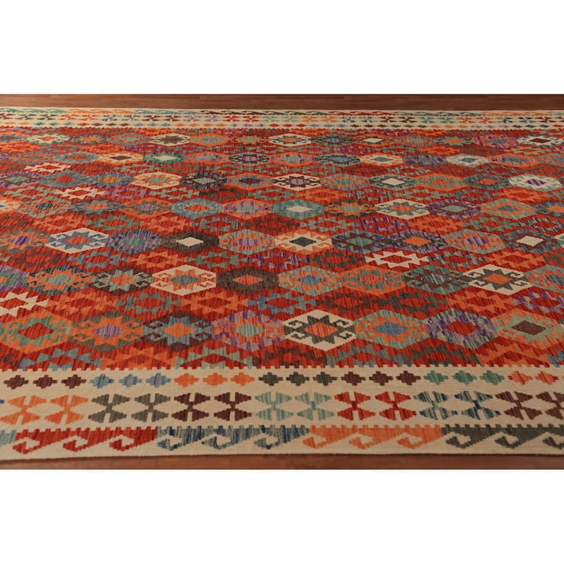 All-Over Geometric Kilim Oriental Large Rug Hand-Woven Wool Carpet - 10'0" x 16'2"
