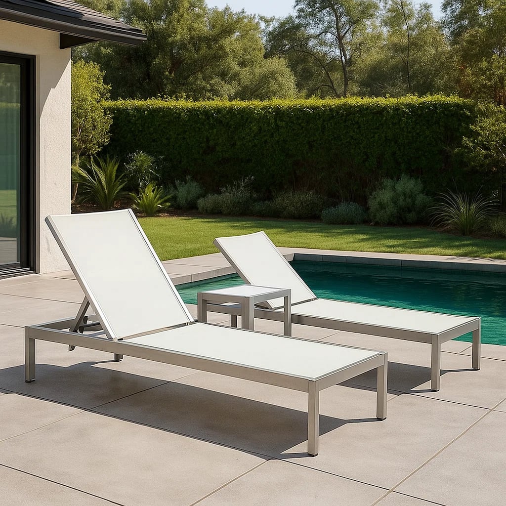 Metal Frame Adjustable Lounger with Side Table, Set of 2, Gray and White