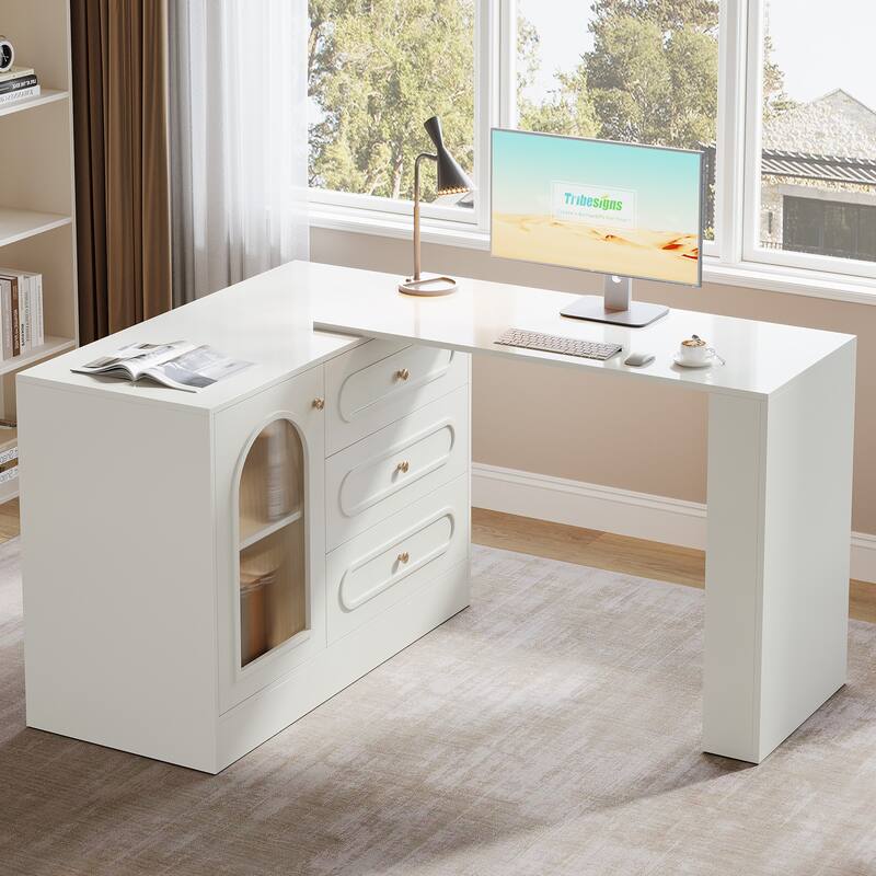 Modern 360° Rotatable Computer Desk, Executive Desk with 3 Drawers